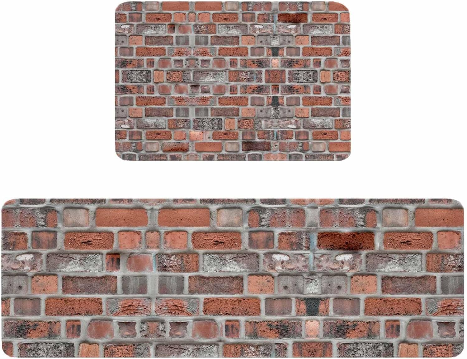 Red Brick Wall Kitchen Rugs and Mats Set of 2, Non-Slip Kitchen Sink Mat, Vintage Farmhouse Stone Rocks Geometric Print Washable Doormat Bathroom Rugs Runner for Bedroom 19.7"x31.5"+19.7"x47.2"