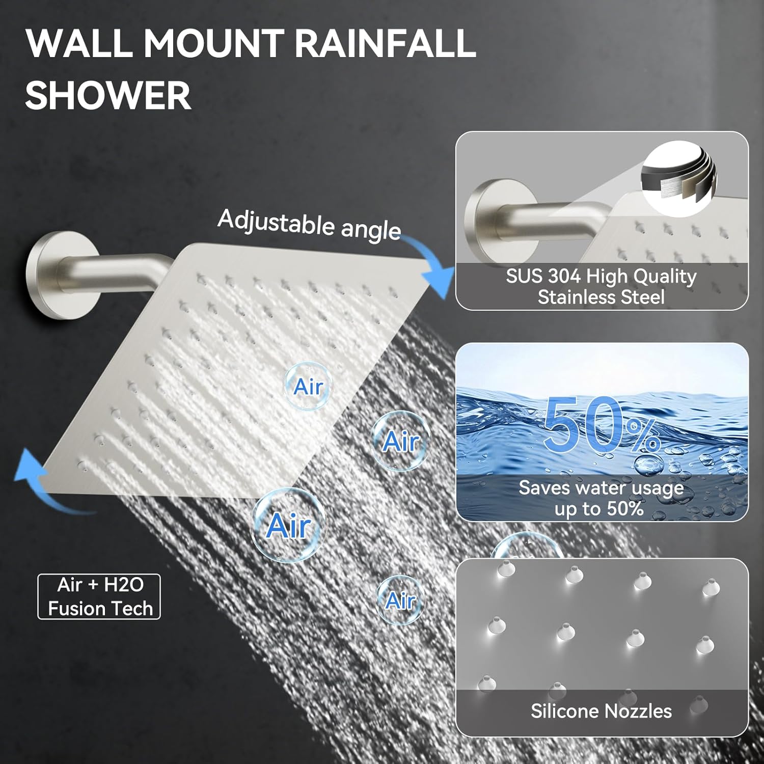 Brushed Nickel Shower System with Jets,Bostingner 4 Way Shower Faucet Set with 2 in1 Handheld,Ceiling Mount 12"+6" Rain Shower Head Wall Mounted, 4 Body Spray Jets Dual Head Shower Set