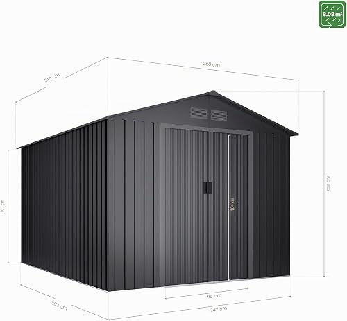 Wasabi - Casetta grande giardino 8,08 m2 Light Anthracite - 313 x 258 x 202 cm - Griglie anticondensa - Antracite - Doppia porta scorrevole - Capannone metallico per stoccaggio esterno - 3