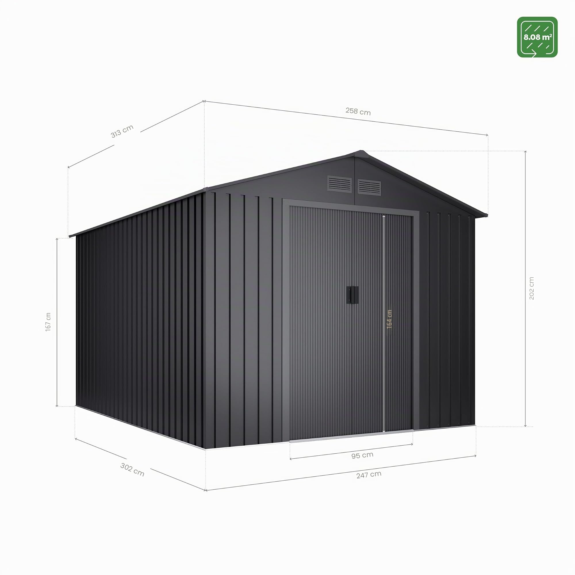 Abri de Jardin en métal 8,08m2 Light Anthracite - 258x313x202cm - 4 grilles - Double Porte coulissante - Rangement extérieur
