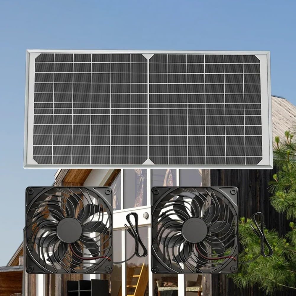 Kit de ventilateur d'échappement solaire pour serre 16 W Double ventilateur 120 mm IP65 Panneau monocristallin étanche pour poulailler abri de jardin Énergie durable Noir 405 x 201 x 18 mm