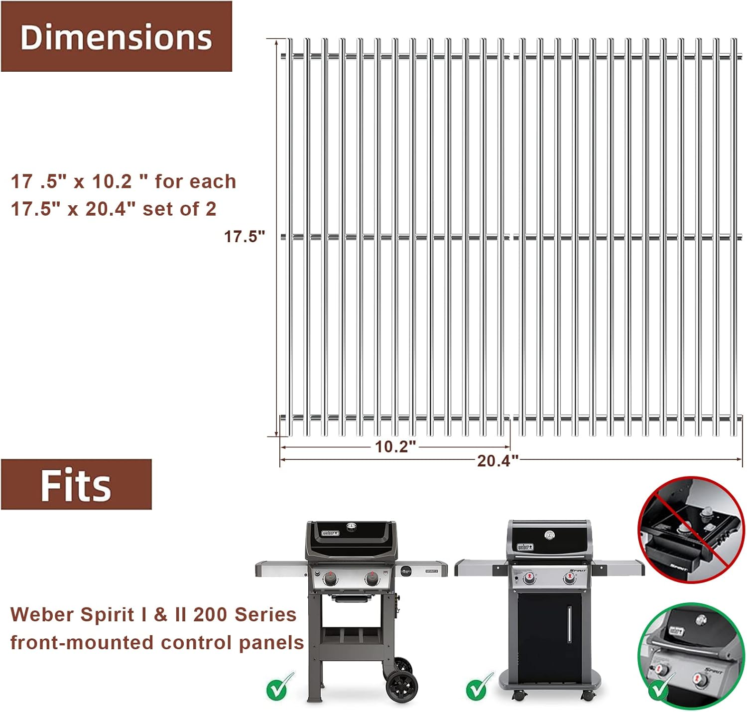 QuliMetal SUS304 9MM Grill Cooking Grates and 7635 Flavor Bars for Weber Spirit 200 and Spirit II 200 Series Gas Grills with Front Control Knobs