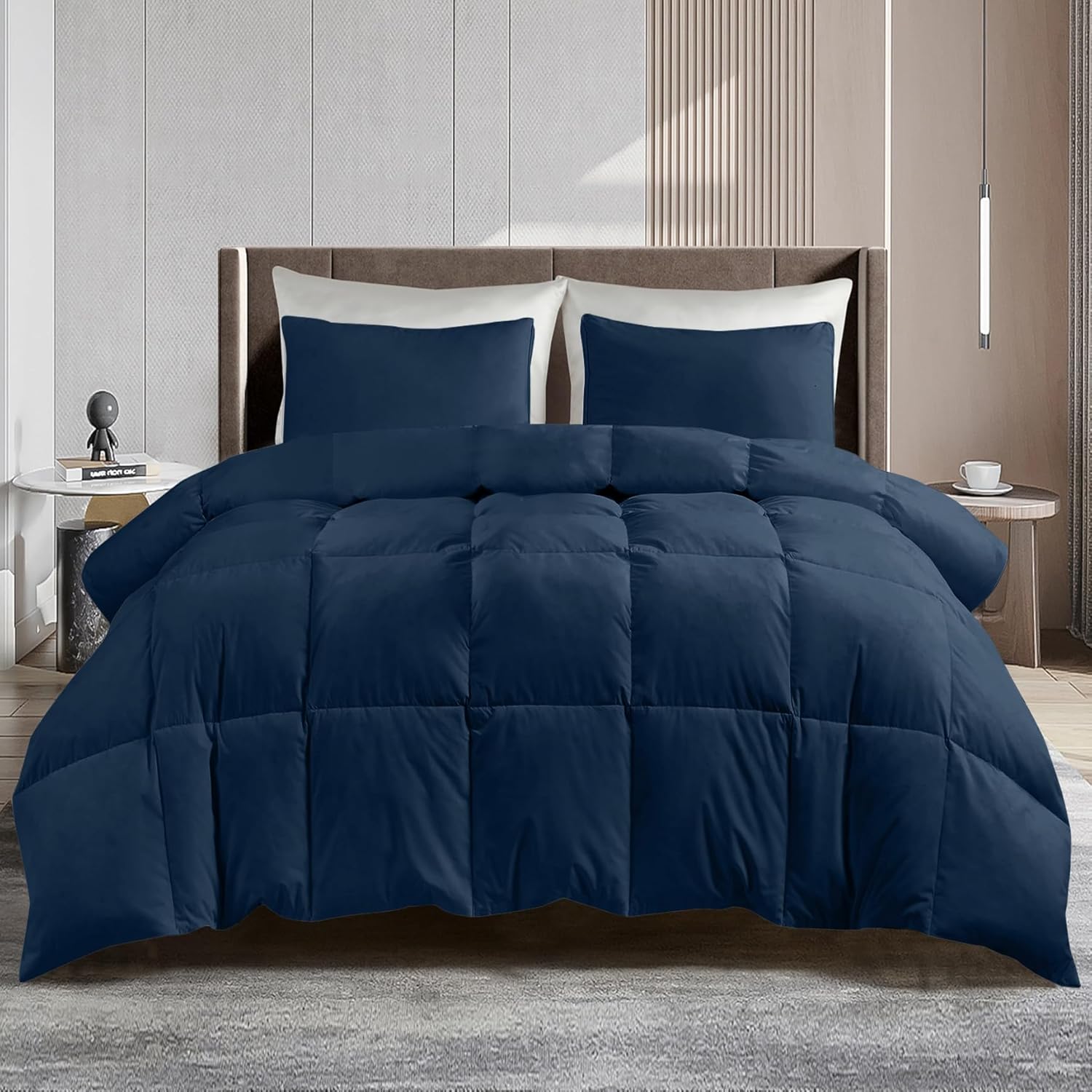 LUX DECOR Lightweight Queen Size Navy Blue Bed Comforter - Down Alternative Box Stitched Fluffy Comforter with Corner Tabs - Duvet Insert for All Seasons 88" X 88" (Queen, Navy) Navy Blue Queen