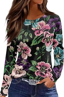 Women’s Long Sleeve Crew Neck Top with All Over Floral Print Casual Loose Fit Pullover Lightweight Blouse