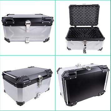 65L Motorcycle Top Case Tail Box, Aluminum Motorcycle Waterproof Top Box 65L with Security Lock for Storage Helmet Luggage, Silver