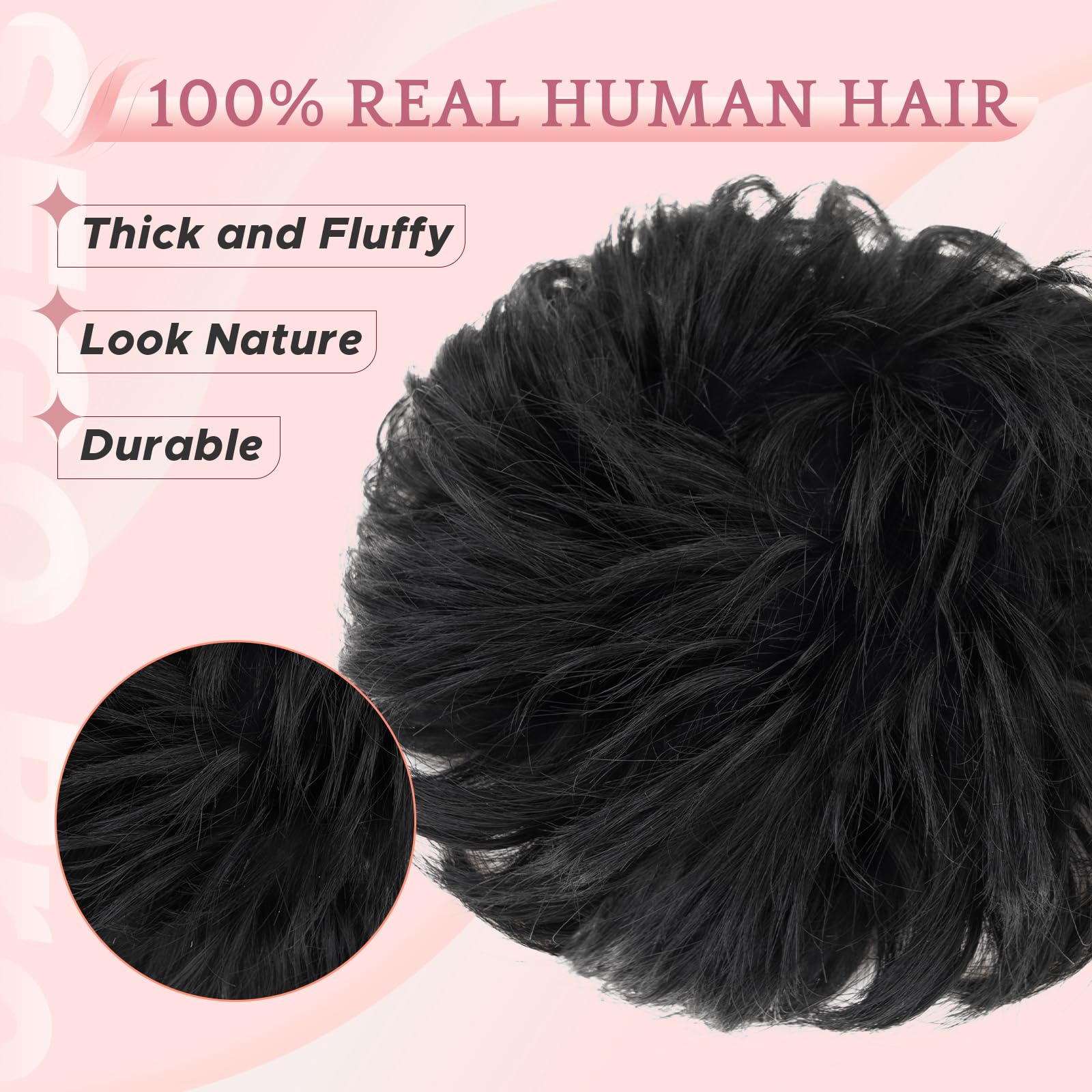 SEGO Pro Messy Hair Bun Scrunchies Real Human Hair Piece for Women 30g, 1# Jet Black, 1 Count - Image 2