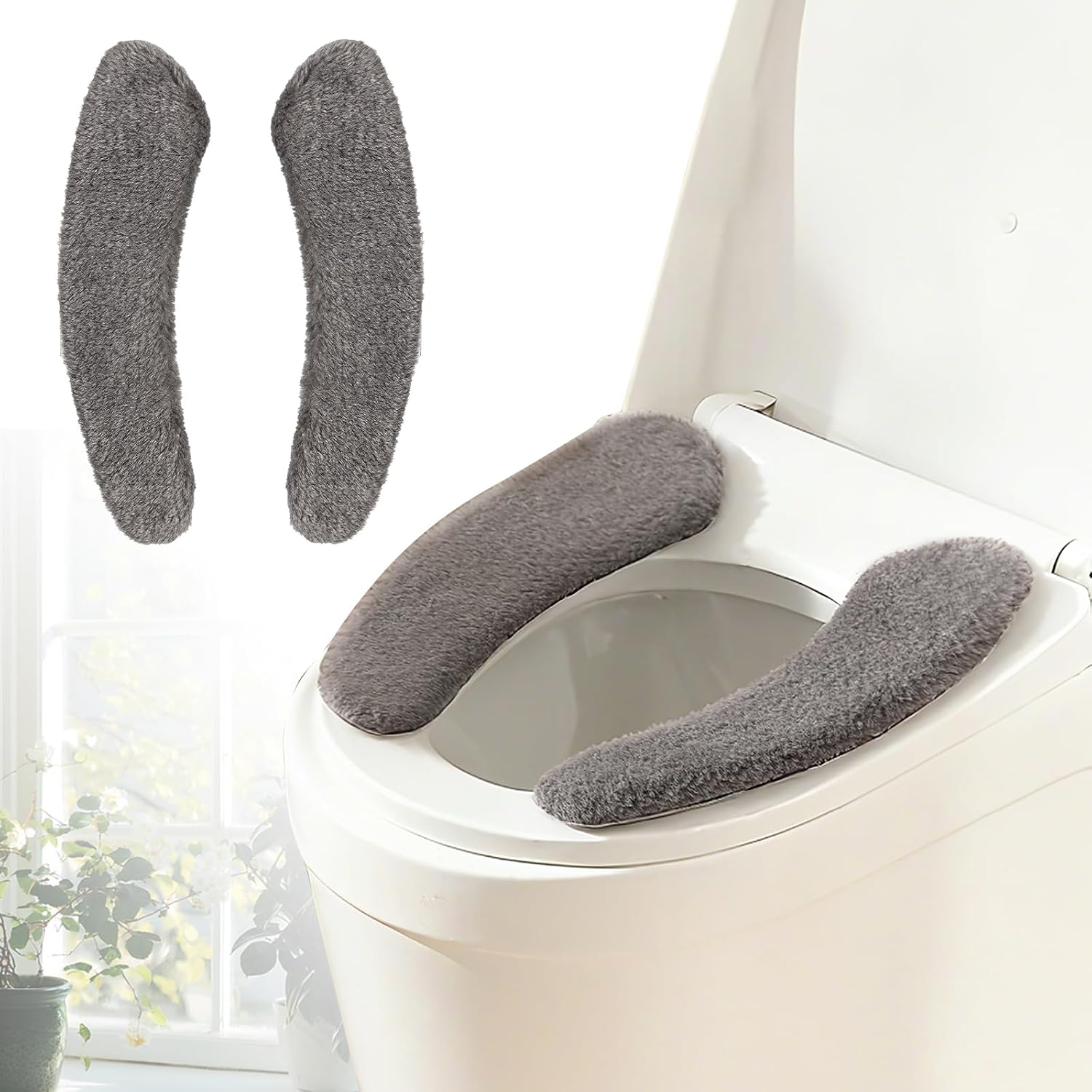 Plush Toilet Seat Cover Pads - Washable Warm Cushion, Soft Bathroom Warmer Mat - Universal Self Adhesive Design (Grey)