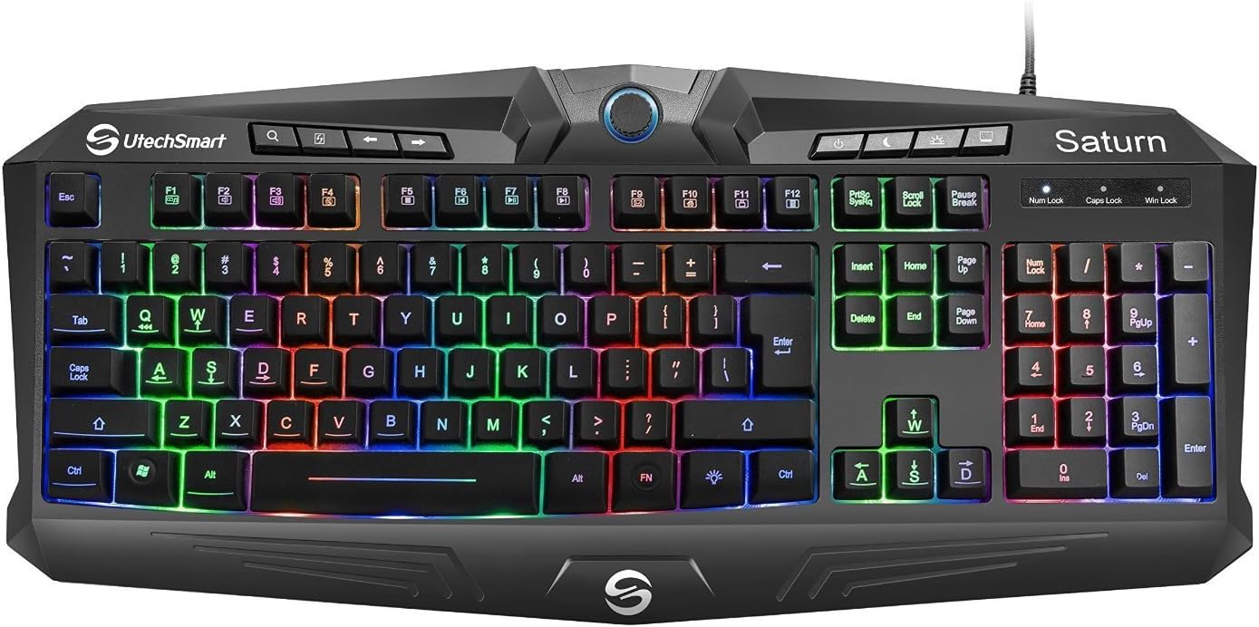 Gaming Keyboard, UtechSmart Saturn Rainbow LED Backlit 104 Key Computer PC Wired Silent Gaming Keyboard with Wrist Rest