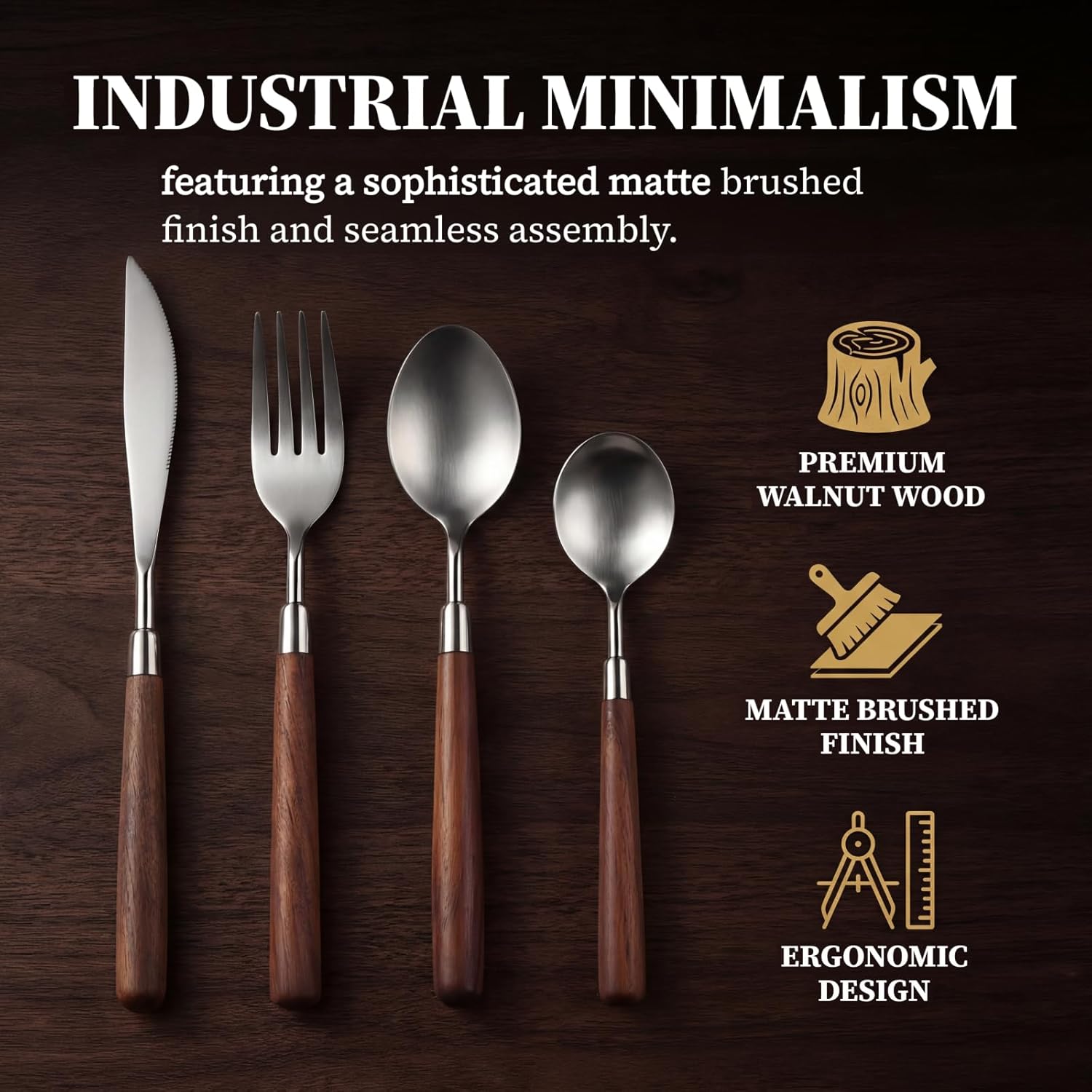 Stainless Steel Silverware Set for 6 with Walnut Wood Handle, 24-Piece Matte Brushed Finish Flatware Set, Dishwasher Safe Cutlery for Home & Restaurant