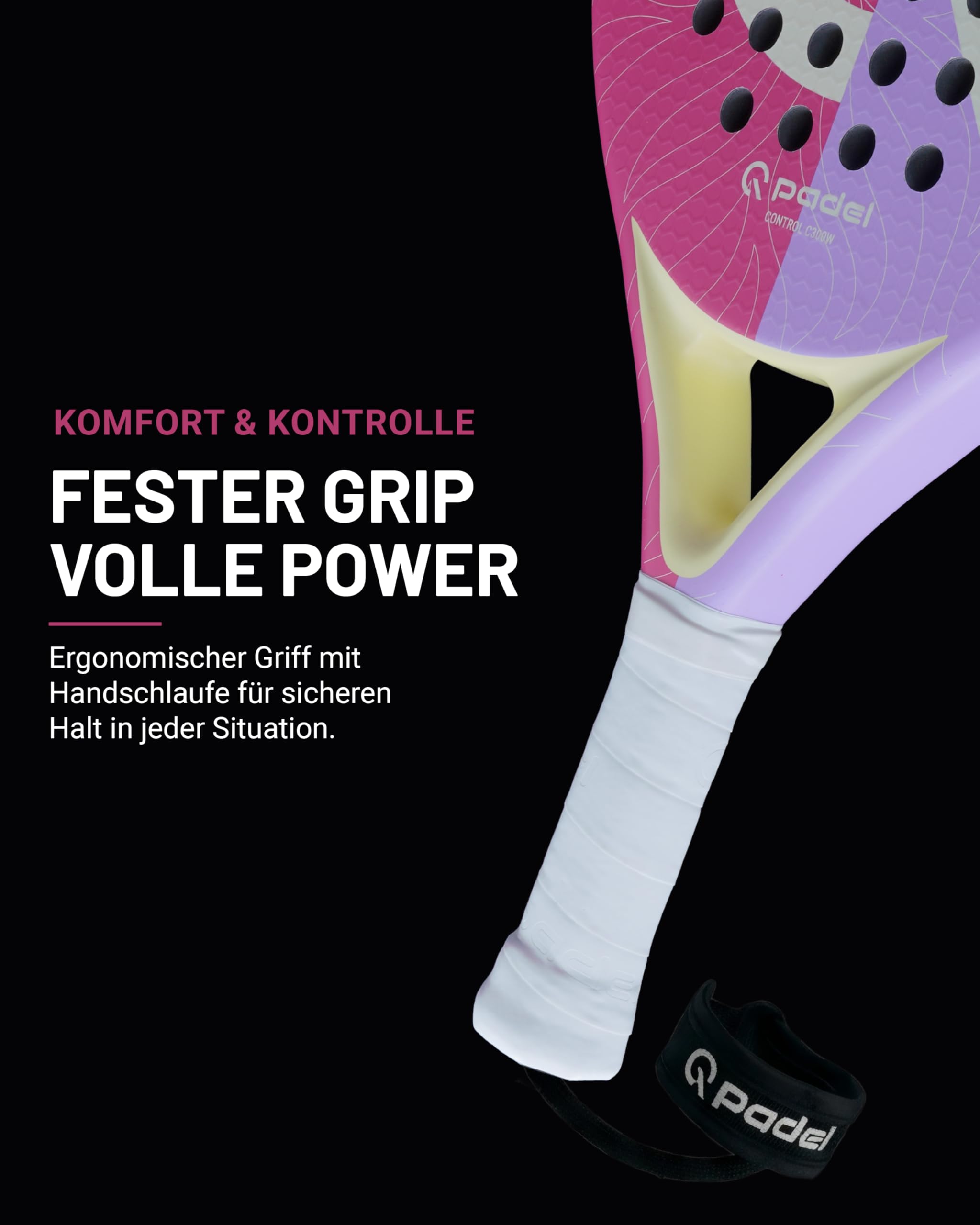 Q Padel C300W Padel Schläger aus 3K Carbon, 360g – Hohe Kontrolle durch Control Sweetspot, präzises Racket für ambitionierte Spieler