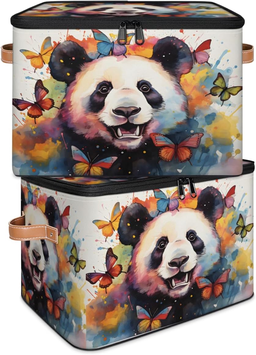 Storage Bin Set of 2 Rainbow Butterfly Panda Storage Basket with Zipper Lid & Handle Foldable Closet Shelf 2 Pack Cloth Organizer Basket Cube Bins Clothes Organizer for Bedroom, Nursery