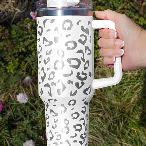 Miniatura 4 de Lashicorn Vaso de 40 onzas con asa y pajita, tapa de taza de 10 pulgadas de alto con diseño de leopardo blanco y plateado, con aislamiento al vacío,
