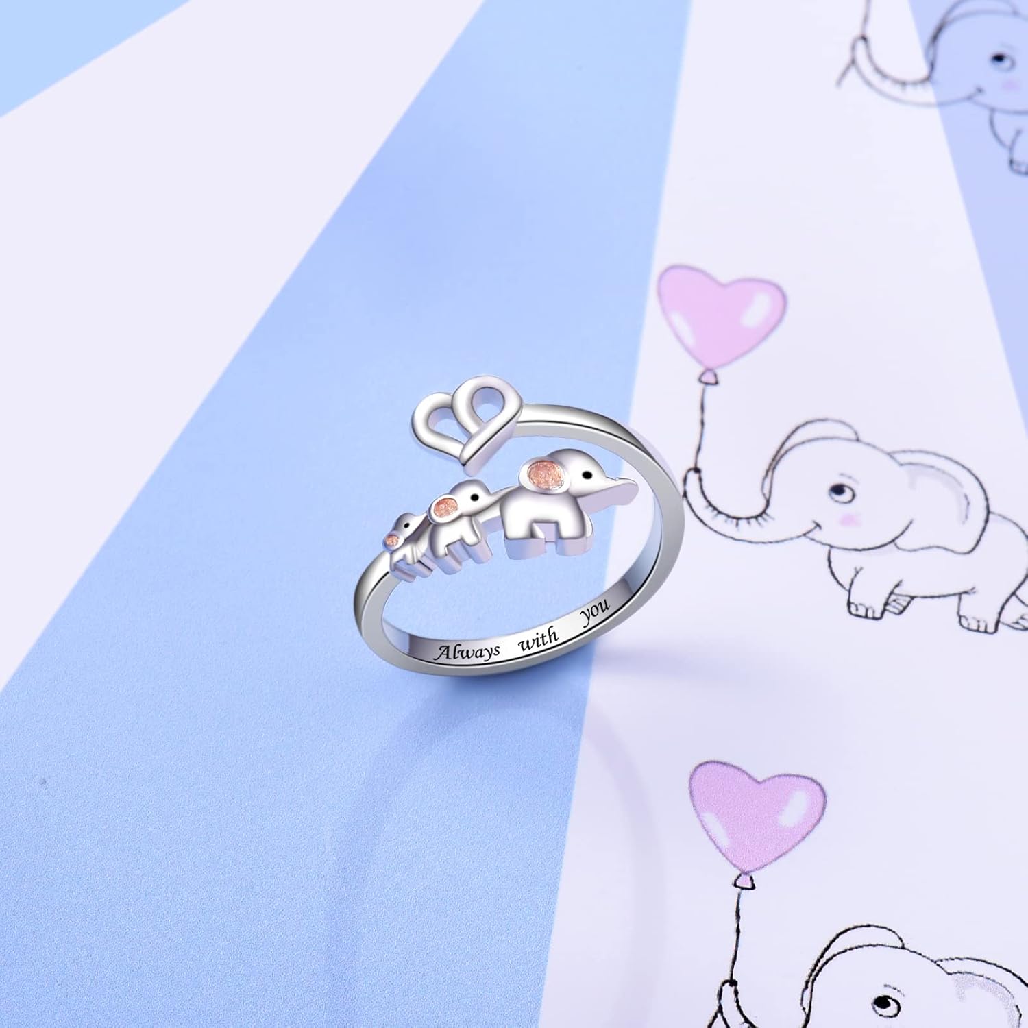 925 Sterling Silver Elephant Ring Mother Daughter Open Love Ring Rose Gold Heart Finger Adjustable Engraved Rings Jewelry for Women Wife Mom Nana