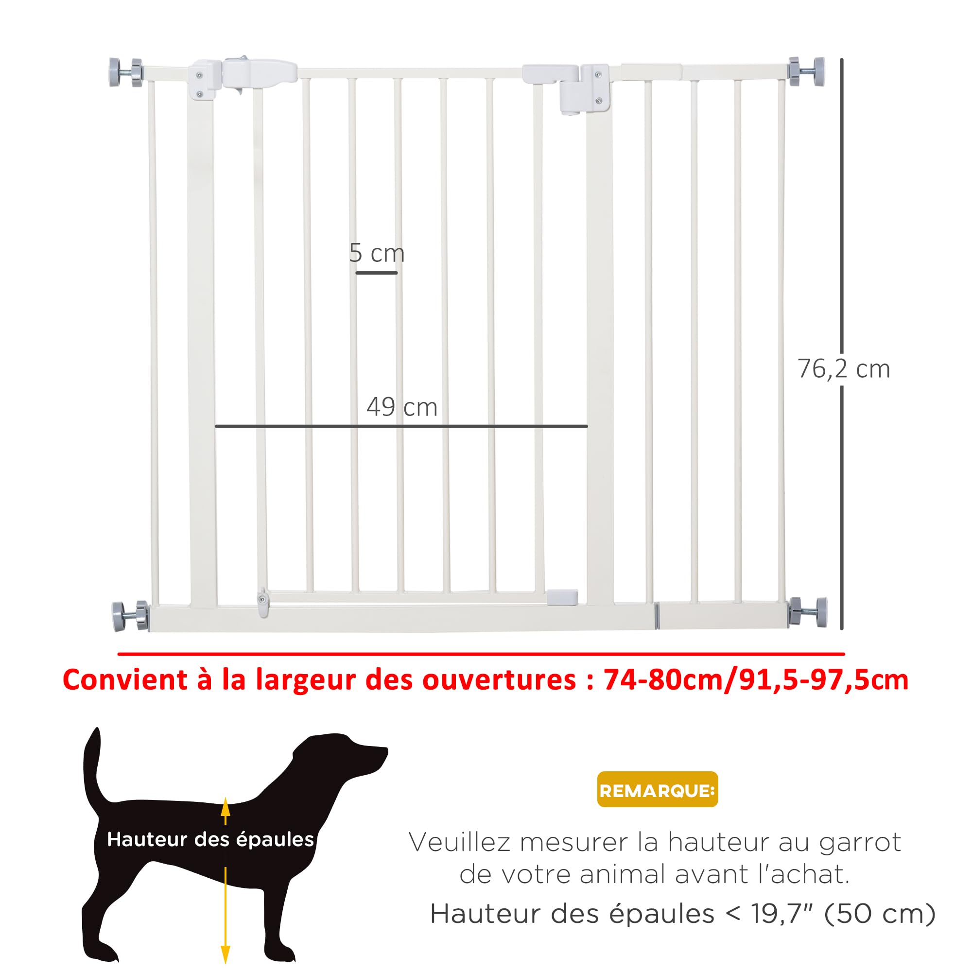PawHut Barrière de sécurité sans perçage largueur réglable 74-80/91,5-97,5 cm Double Verrouillage Fermeture Automatique barrière Chien pour Porte Couloir escalier Acier Blanc