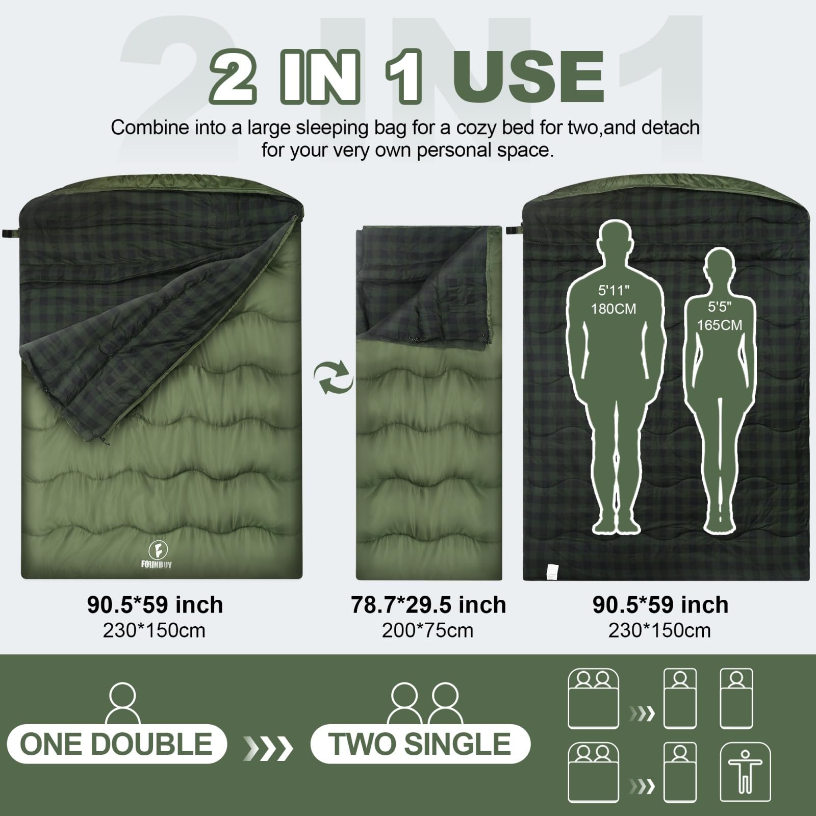 Doppelschlafsack 2 Personen 230x150cm – Flanell-Deckenschlafsack | Weiches Flanell-Futter, wasserdichtes Außenmaterial, ideal für Camping, Wohnmobil &Festival, geräumig für 2, warm & kuschelig