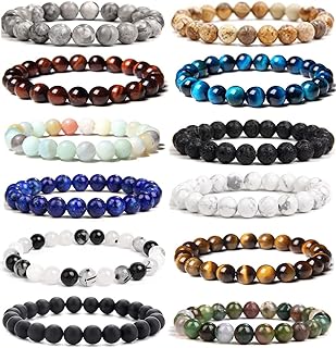 FINZOR 12 Pcs 8mm Gemstones Beaded Bracelets for Men Women Semi-Precious Stone Healing Stretch Round Bead Crystal Bracelet...