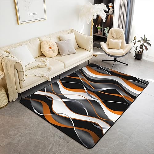 Alfombra geométrica de 3 x 5 pies para sala de estar geométrica de color naranja, gris, blanco y negro, para decoración del hogar, alfombra moderna