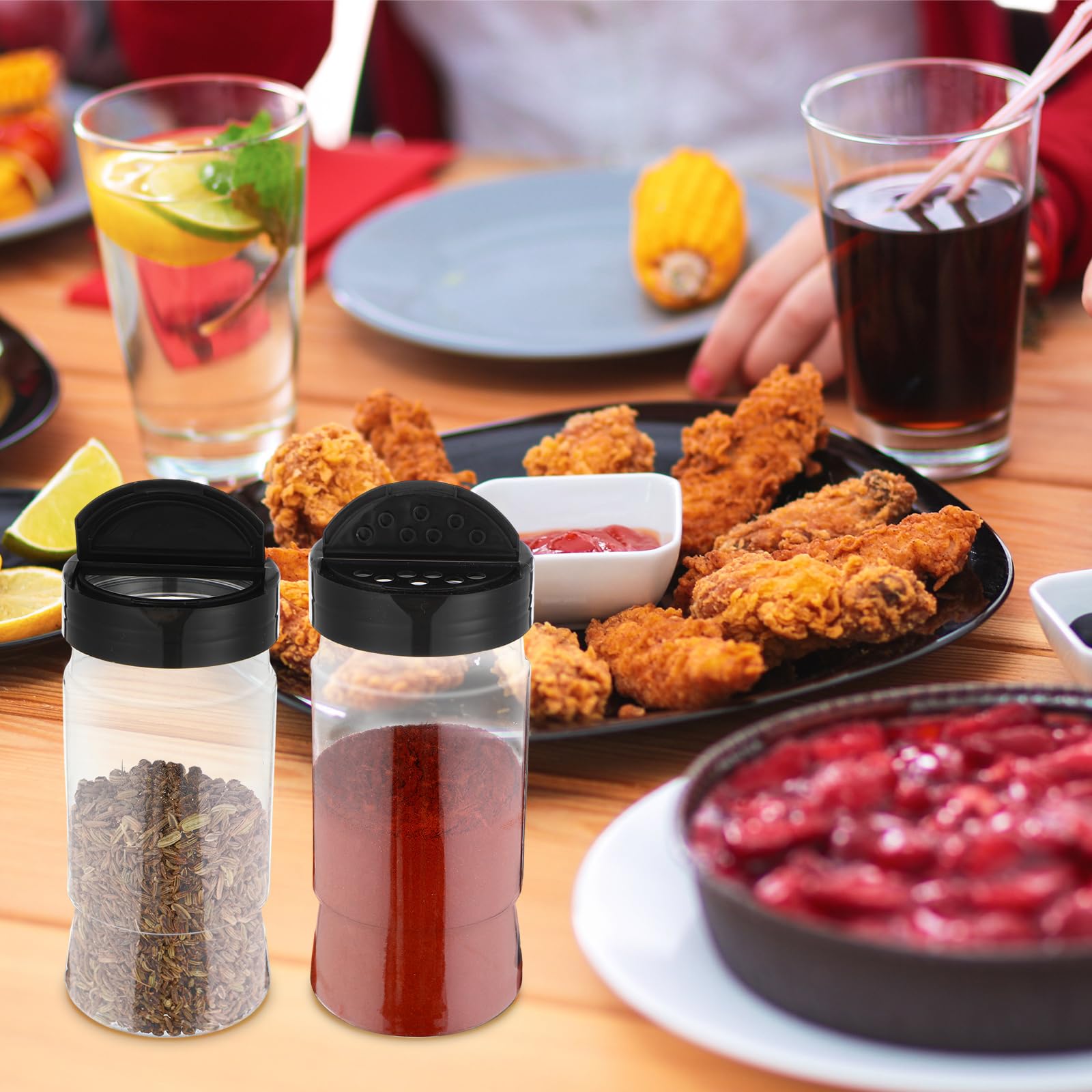 Mimorou Paquete de 30 tarros de plástico para especias de 10.5 onzas con tapas de coctelera, recipientes transparentes para condimentos, botellas de especias para almacenamiento de cocina, hierbas y