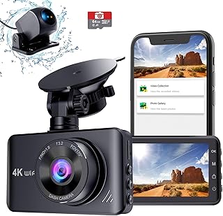 Penemay Dash Cam Front and Rear 4k WiFi, 3 Inch Dash Camera for Cars with 1080P Rear Camera, Dual Dash Cam Included 64GB Micro SD Card, Dashboard Camera with Night Vision, Parking Monitor