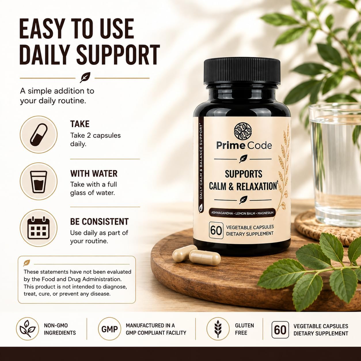 Prime Code Ashwagandha Supplement with Magnesium & Lemon Balm, 60 Capsules