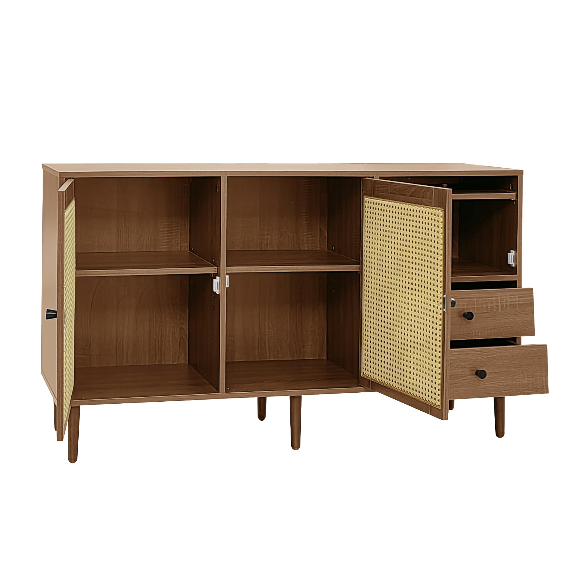 BTM Sideboard mit Rattan Einsatz, 3 Türen und 2 unregelmäßigen Schubladen, Sideboard TV-Schrank für Flur Schlafzimmer Wohnzimmer Esszimmer,Braun,130Lx75Bx40H cm