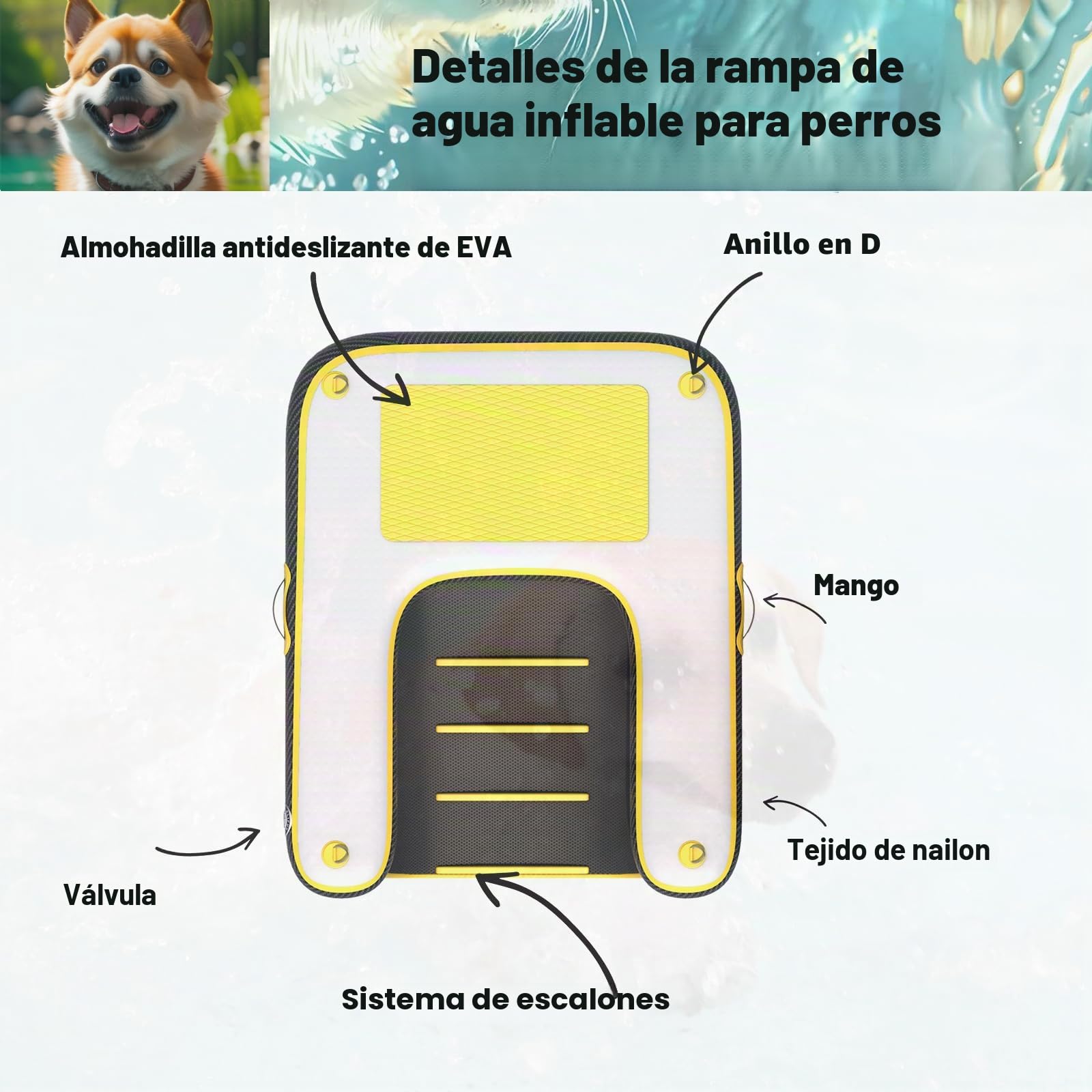 HEYLIFE Rampa inflable para perros Muelle flotante Balsa de agua Escalera para piscina Hasta 100 kg Amarillo 122 cm x 91 cm x 10 cm