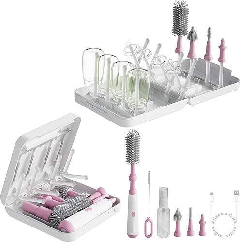 Potente juego de limpiador eléctrico de cepillos para biberones, completo con cepillos de silicona para botellapezónhuecopajita, además de un