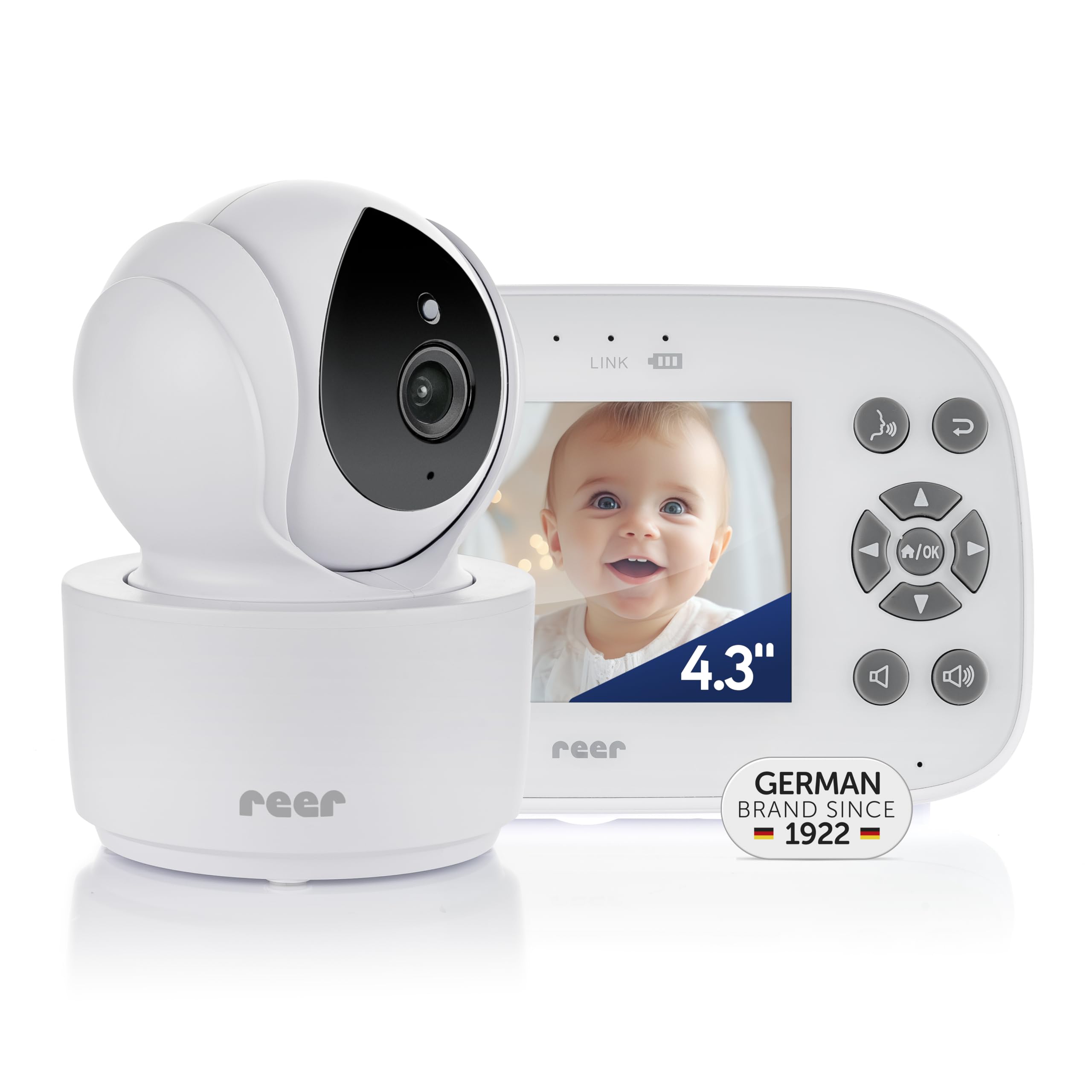 reer BabyCam XL Move | Digitales Video-Babyphone | abhörsichere FHSS-Technologie | 4,3" TFT-Bildschirm | 300m Reichweite | schwenk- & neigbare Kamera | Nachtsicht |Gegensprechfunktion | weiß