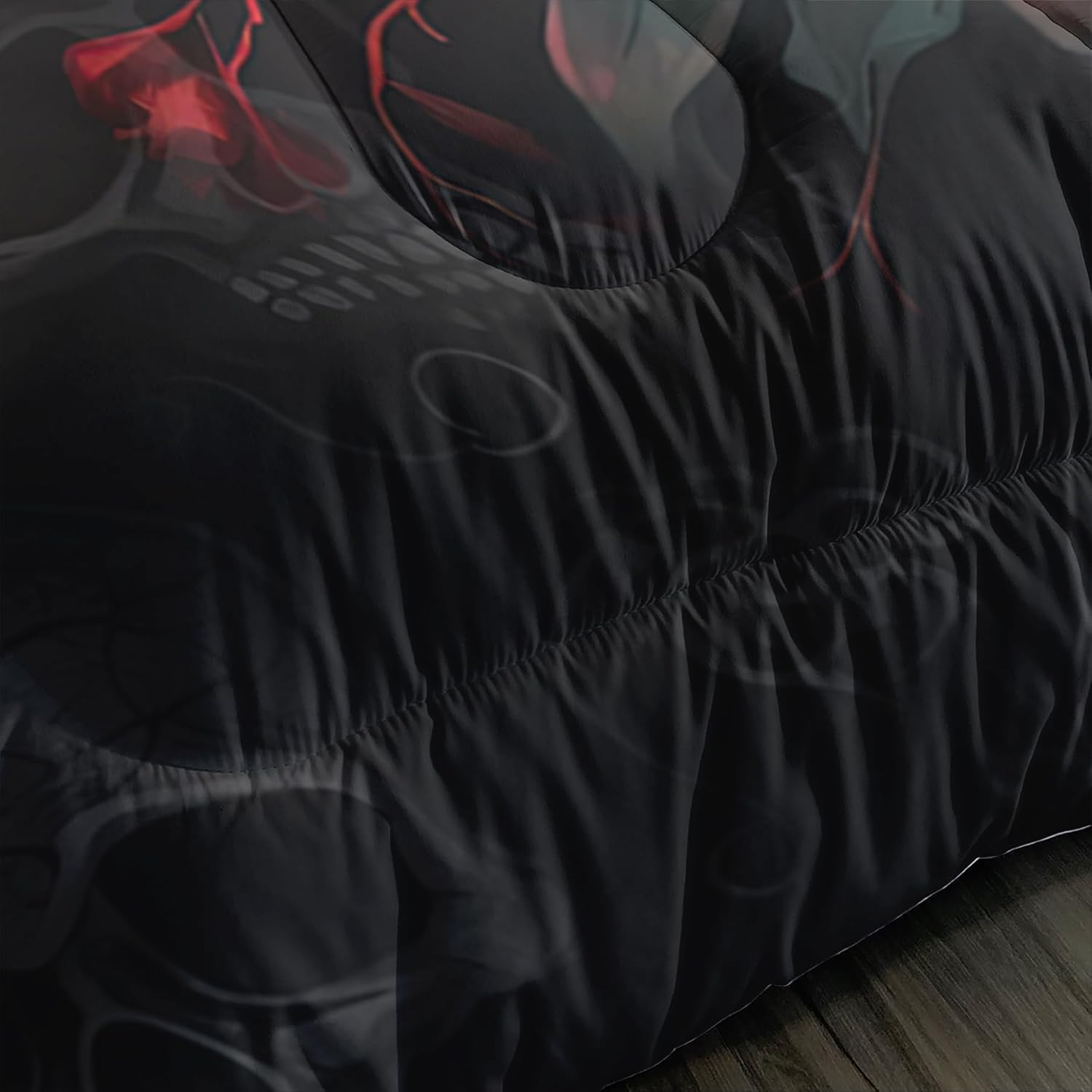 Gothic King Size Bedding Set with Skull & Rose Comforter, Black Quilt