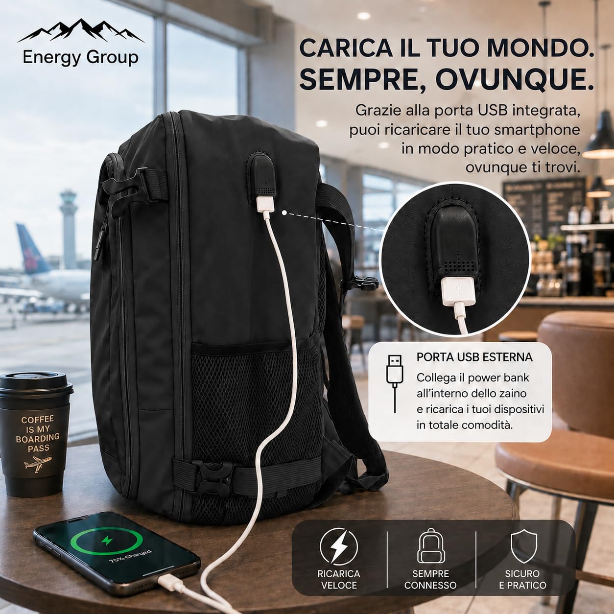 ENERGY GROUP Zaino Viaggio 45x36x20 EasyJet e Ryanair, Bagaglio a Mano 30L, Zaino Cabina Uomo Donna, Apertura 180°, Impermeabile, Porta PC 14”, Casual per Viaggio e Lavoro, Compagnie Low Cost– Nero