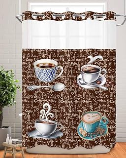 Prime Leader Coffee Latte Beans No Hook Shower Curtain with Snap in Liner Sugar Retro Brown Shower Curtain for Bathroom, Fabric Waterproof Inner Liner with Mesh Top Window, 48x72