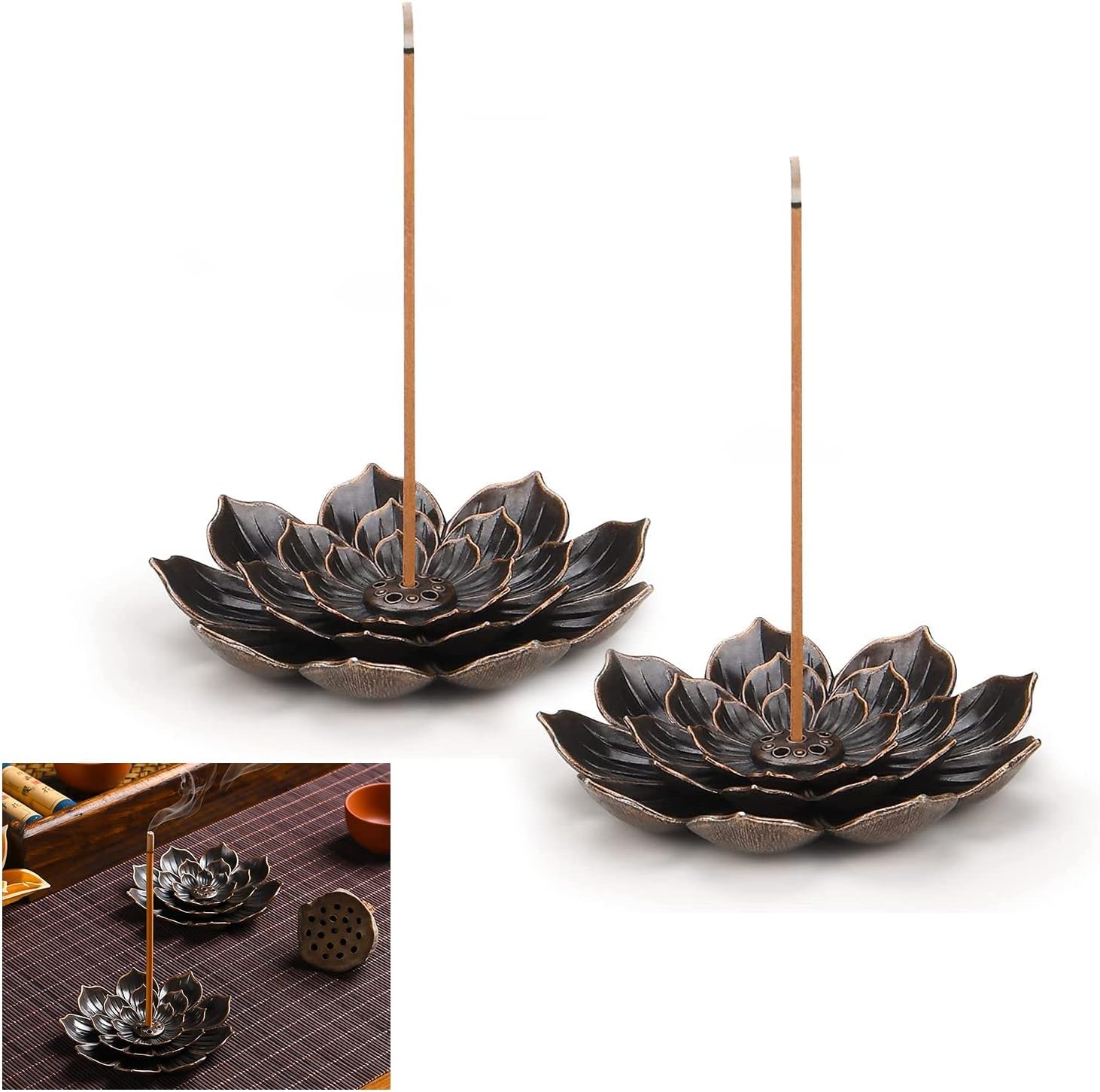 โ 2-Pack Lotus Incense Holders, Detachable 6-Hole Brass Burner for Stick, Cone & Coil Incense - Ideal for Home, Office, Yoga Room, Meditation & Tea House
