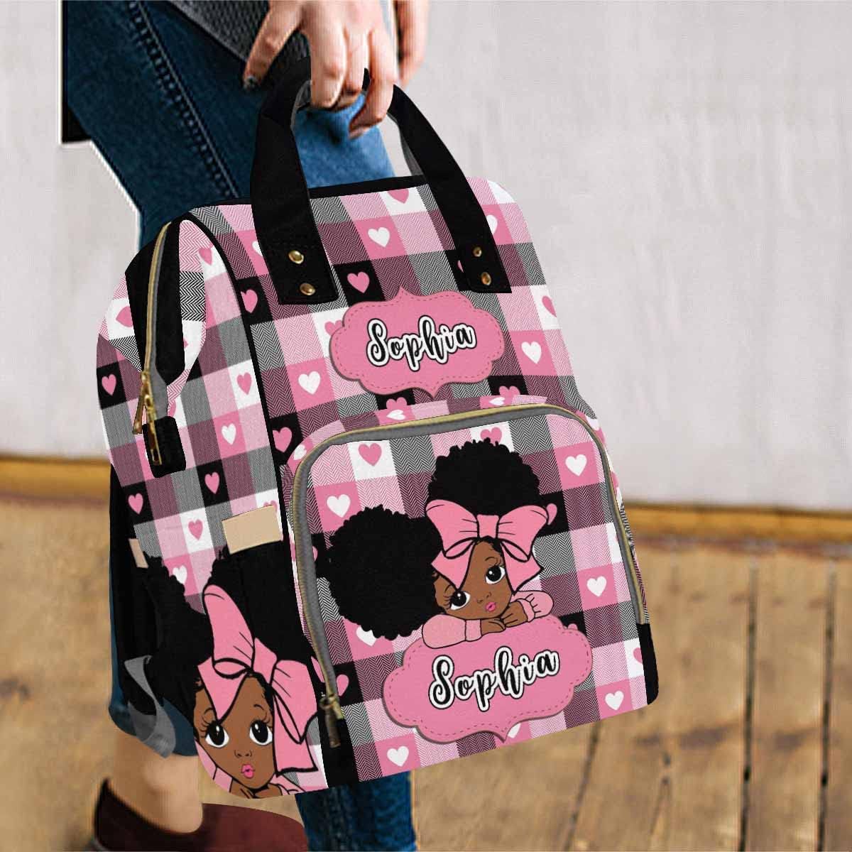 Artsadd Custom Name Baby Diaper Bag from Mom Dad, Personalized Pink Hearts Plaid Baby Backpack with Stroller Straps Large Capacity Shoulder Bag for Girls Daughter