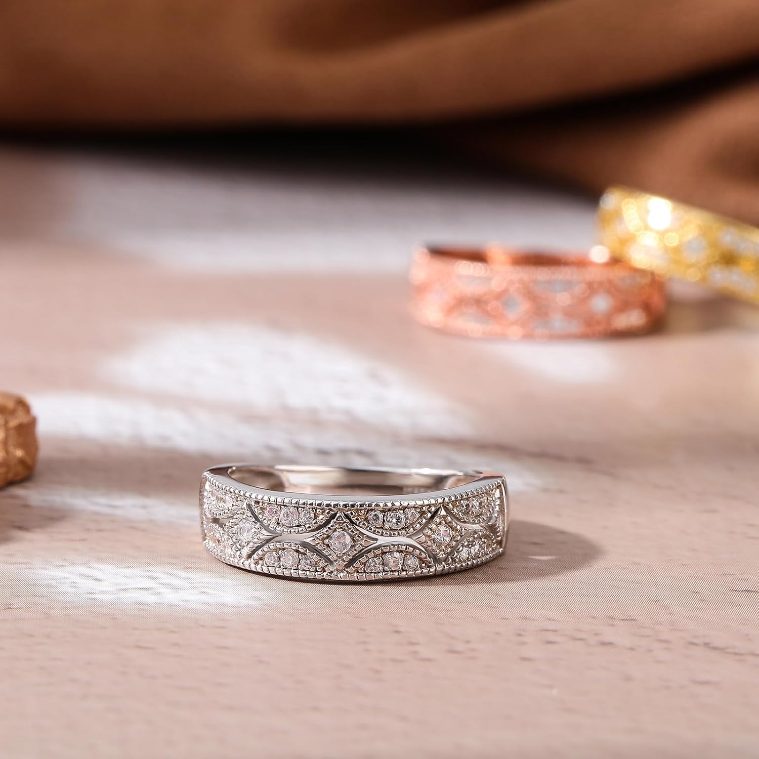 Jeulia Womens Wide Eternity Ring Wedding Band, Milgrain Round Cut 18k White Gold Plated Eternity Band Ring Romantic Birthday Anniversary Jewelry with Gift Box - Image 5