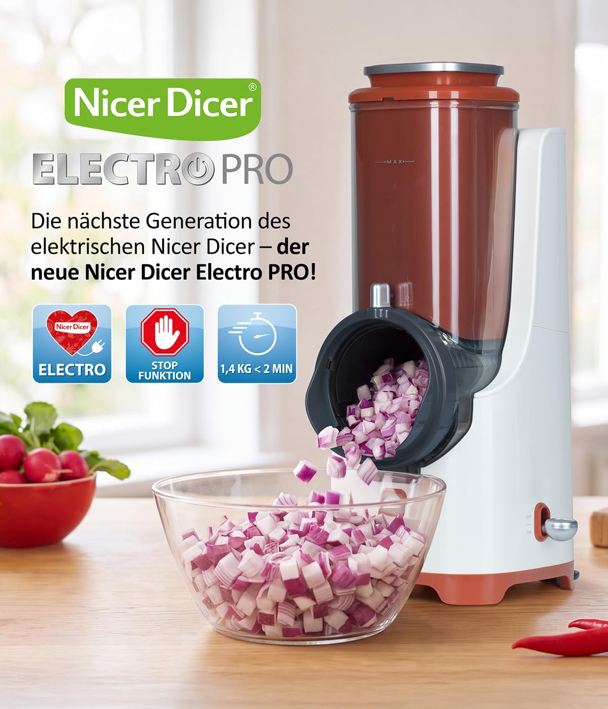 Genius Nicer Dicer Electro PRO Set 32-tlg., terracotta, Gemüseschneider elektrisch mit 9 Einsätzen zum Reiben, Hobeln, Würfeln & Schneiden, extra-scharfe Klingen, einfache Reinigung, leistungsstark