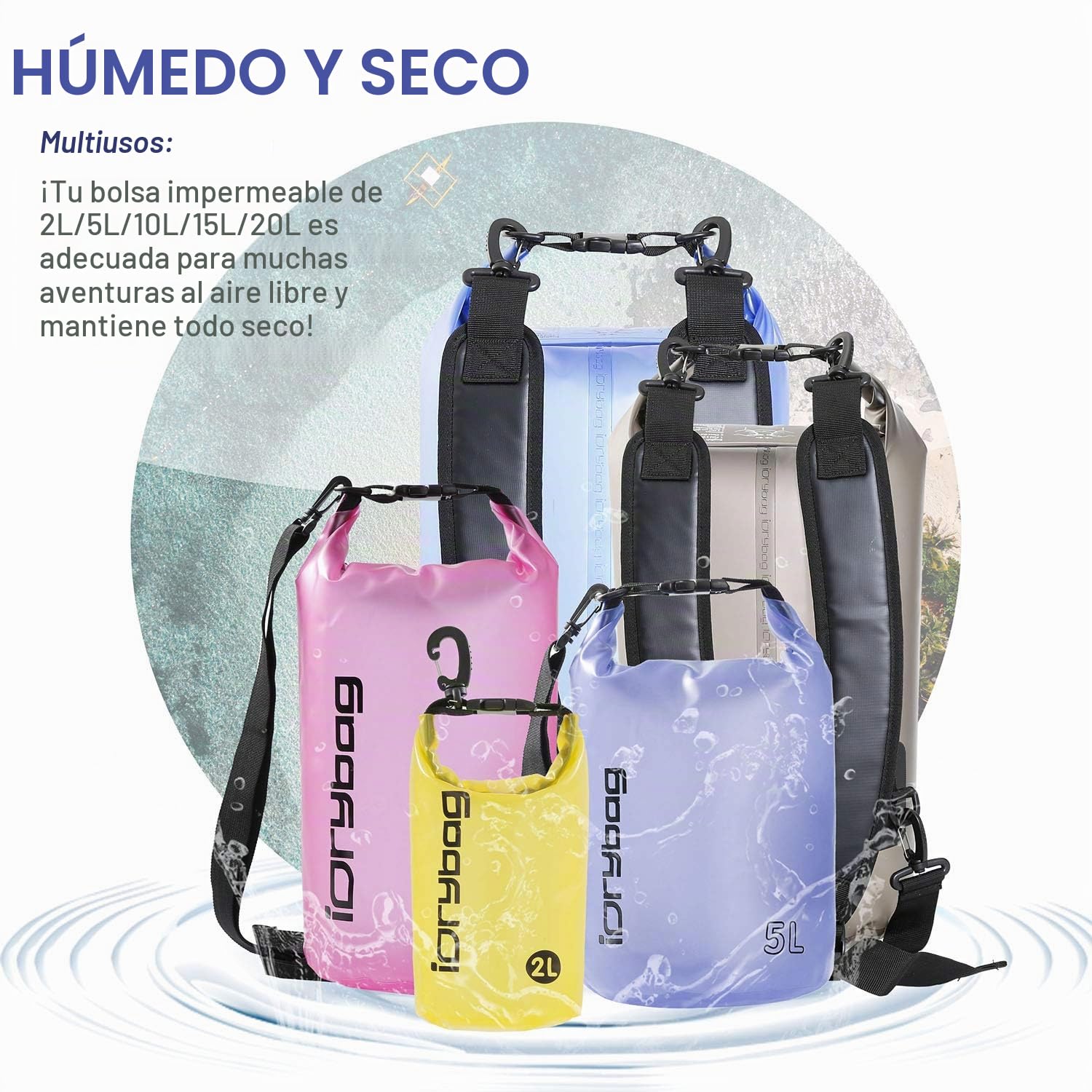 IDRYBAG Bolsa Seca Transparente Impermeable 2L/5L/10L/15L/20L, Bolsa Pequeña Impermeable para Kayak, Saco Seco Impermeable para Camping y Viajes