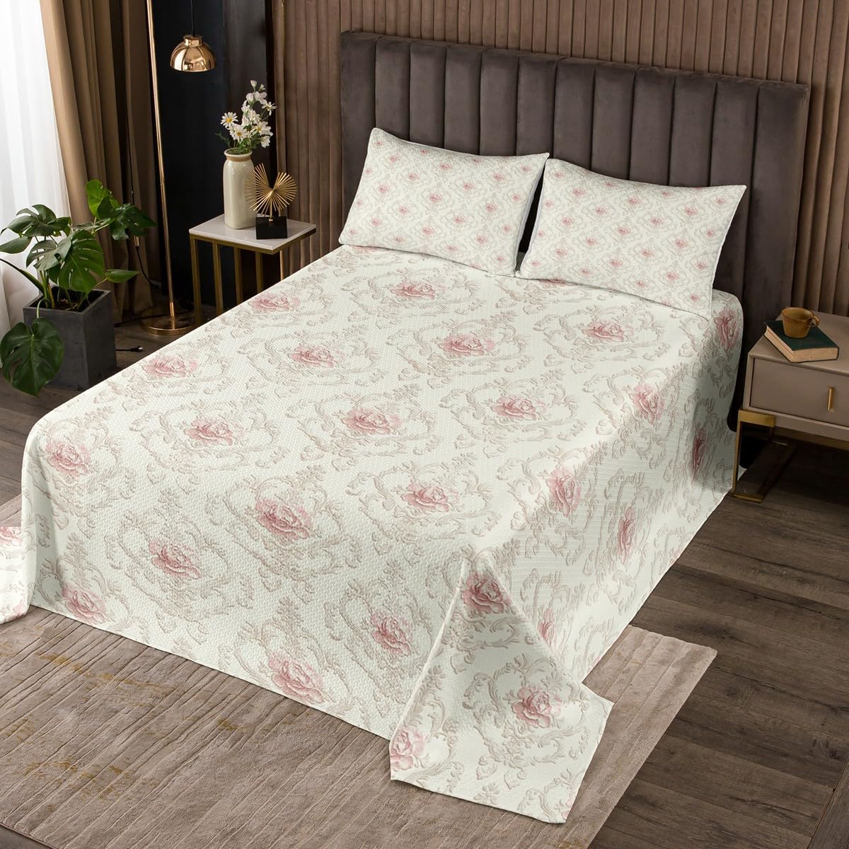 Homewish Damask Floral Bedspread 220x240cm Romance Girly Damask Tagesdecke Bettüberwurf Beige Rosa Coquette Steppdecke 2 Kissenbezüge Gothic Flowers für Kinder und Teenager Erwachsene Bettüberwurf