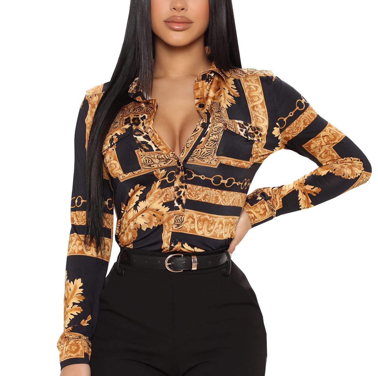 HannahZoneBlouses for Women Button Down Fashion Business Casual Collar Long Sleeve Floral Dressy Shirts Sexy Tops