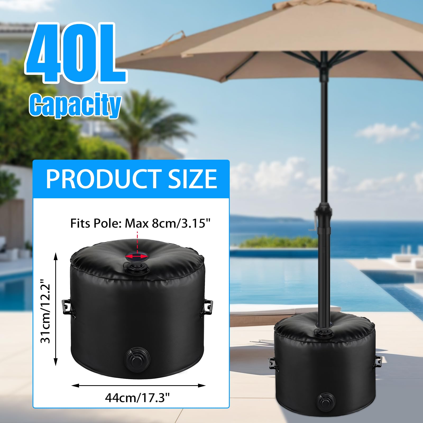 Base per Parasol con Peso – capacità Massima 40 kg, Base Riempibile d'Acqua per Parasol Pesante (40 L), con Maniglia, Zavorra Pieghevole – per Giardino, Terrazzo, Cortile, Spiaggia