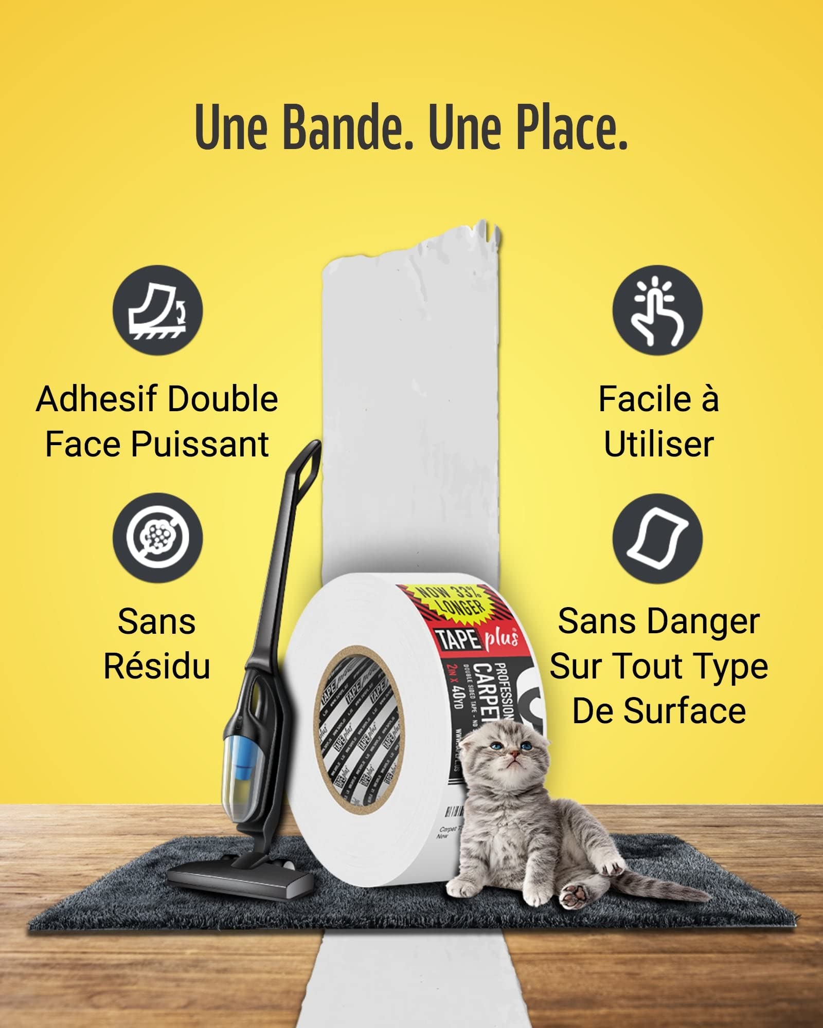 Ruban adhésif professionnel pour moquette - 5,1 cm x 36,4 m - Deux fois plus long - Double face antidérapant - Finition blanche - Adhérence parfaite pour maintenir les moquettes en place