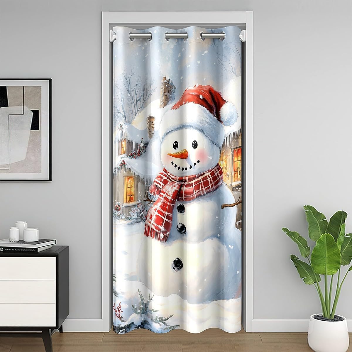 Cute Snowman Door Curtain Watercolor Green Holly Leaves Red Winterberry Doorway Curtain Privacy for Kids Boys Girls Teens Retro Grid Rustic Christmas Curtain Drape for Bedroom Door Window 60"W X 80"L