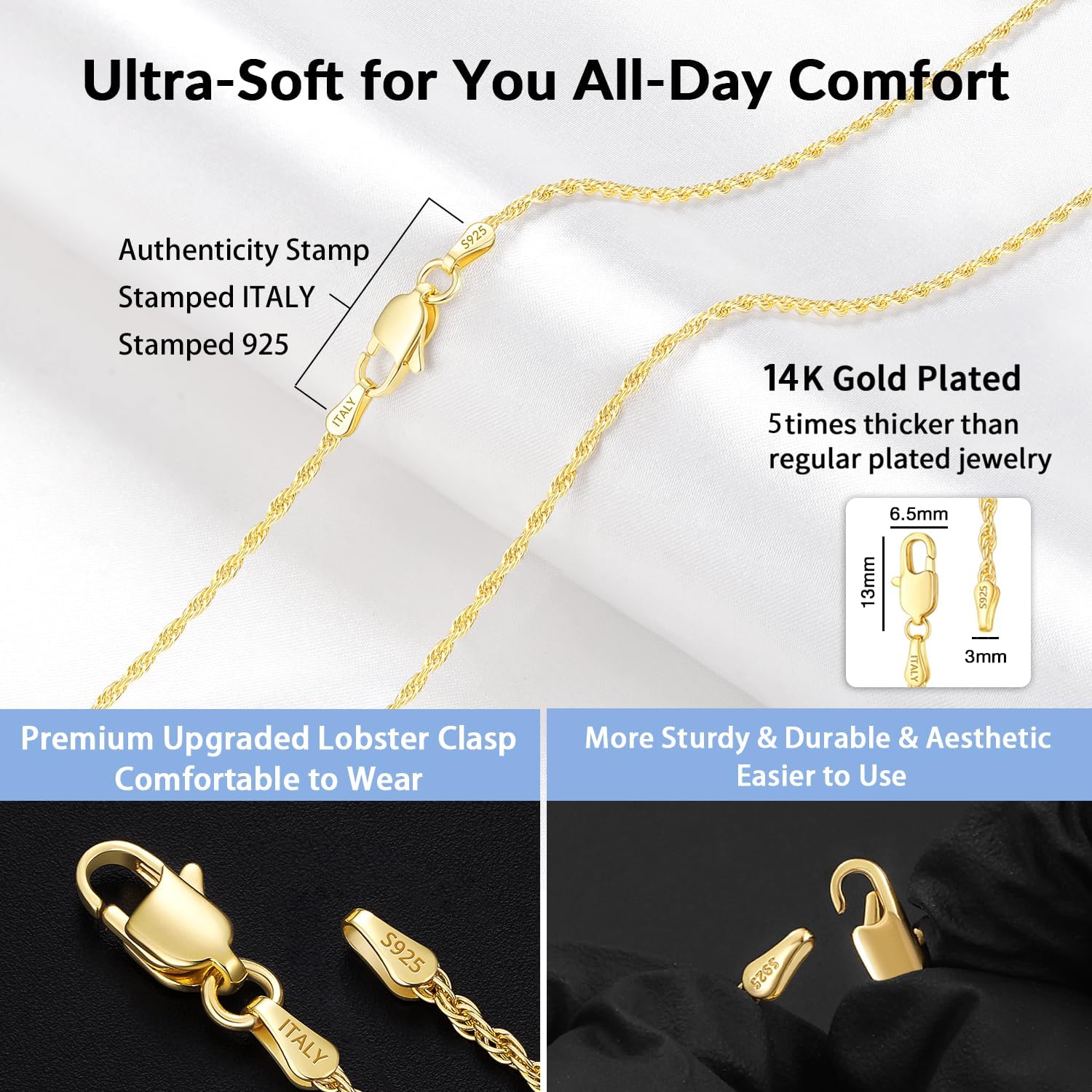 Jewlpire 1.5mm 2mm Rope Chain 14k Gold Plated 925 Sterling Silver Chain Necklace for Women, Smooth Sturdy Hypoallergenic Women's Chains Necklace, 16 18 20 22 24 Inch - Image 3