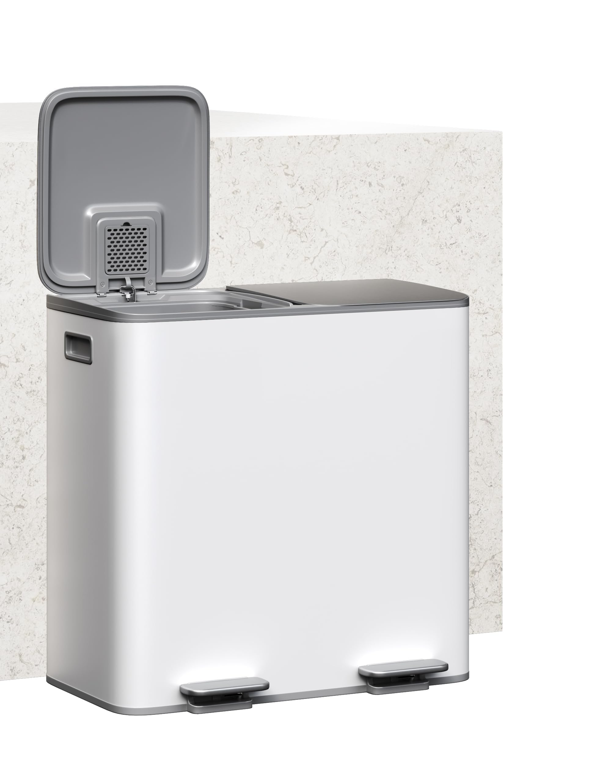 Garvee Mülleimer Küche 2 x 40L Edelstahl – Doppelfach Mülltrennsystem | mit Soft-Close-Deckel, Tretmechanismus und herausnehmbaren PP-Inneneimern, Grau-Weiß