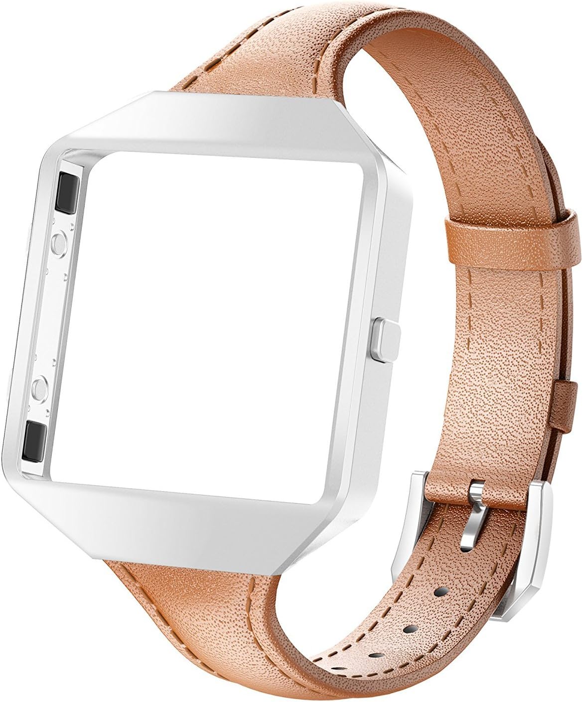 Wearlizer Compatible for with Fitbit Blaze Band Leather New Metal Frame Classic Genuine Leather Wristband Strap Accessory Fit bit Blaze Thin Sleam Leather Band Brown