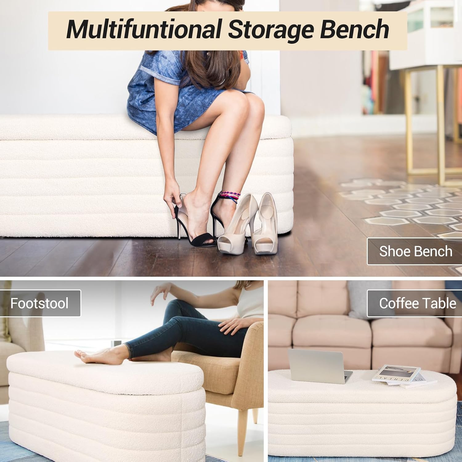 45.5-inch Modern Teddy Sherpa Storage Ottoman Bench, Upholstered Fabric Bench for Bedroom End of Bed, Oval White Boucle Storage Ottoman for Living Room, Entryway, Small Apartment