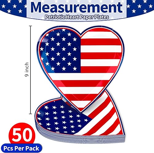 Miniatura 2 de Platos de fiesta del 4 de julio, 50 platos a granel del Día de la Independencia con forma de corazón patriótico para fiesta del 4 de julio, día