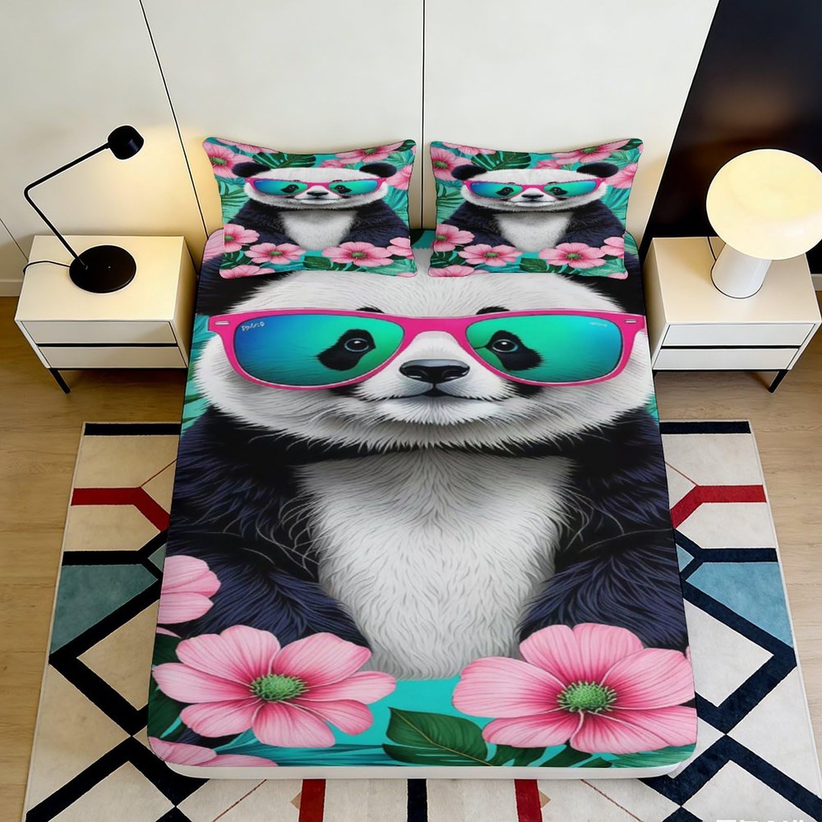 3D Printed Fitted Sheet Panda Sunglasses Design, Microfiber Soft Touch, Bed Cover for Home Bedroom, Guest Room Bedding, Easy Care, 200x200x25cm