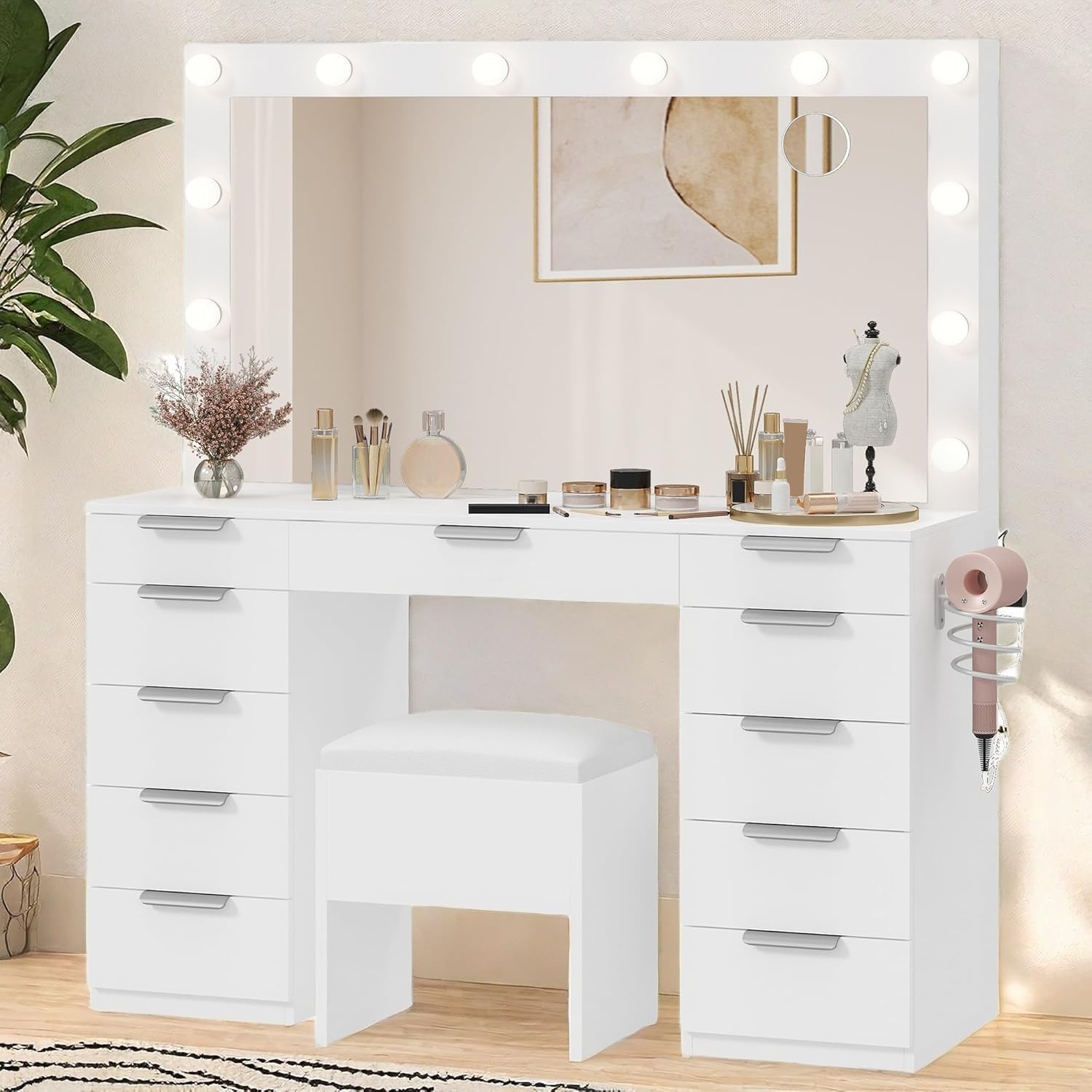YITAHOME Vanity Desk with Large Mirror & 3-Color Light Bulbs, Wide Wood Top Makeup Vanity with Charging Station, 11 Drawers, and Storage Bench for Bedroom