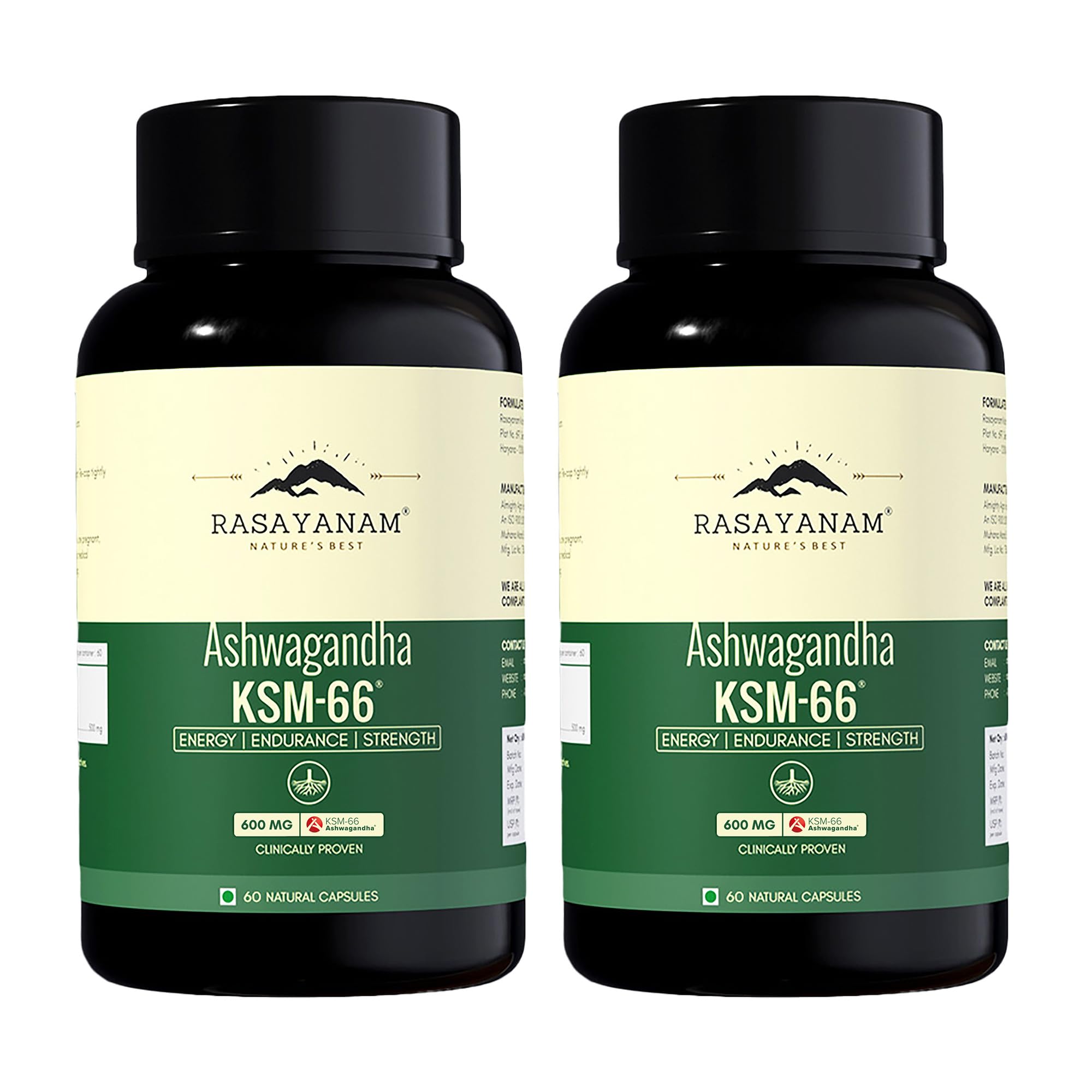 Rasayanam Ashwagandha KSM-66® | Clinically Proven 600mg Dosage | 5.1% Withanolides for Max Results | 100% Pure Root Extract | Stress Relief, Energy & Recovery Support | World’s Strongest Ashwagandha | Pack of 2 ( 60 Capsules each )