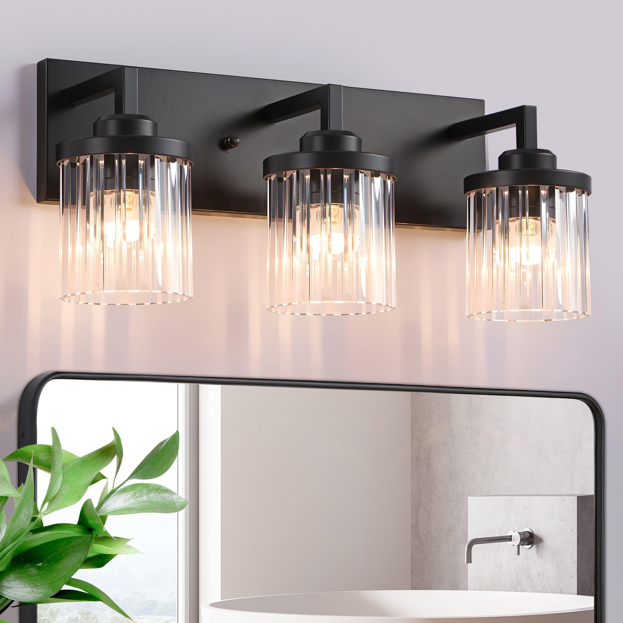 Modern Crystal Bathroom Light Fixtures 3 Light Black Farmhouse Vanity Lights with Crystal Glass Shade Industrial Bathroom Lighting